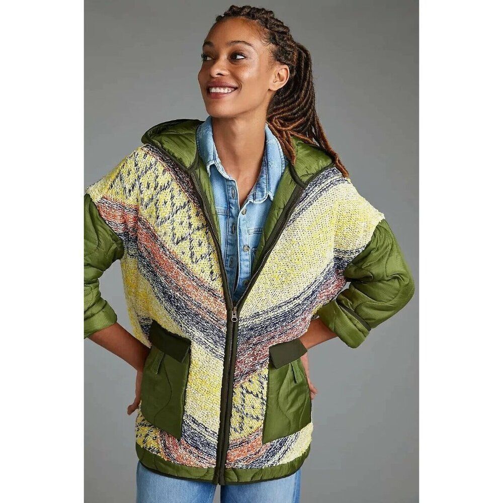 Anthropologie Pilcro Knit Quilted Coat Textured Puffer Size Medium Green NEW